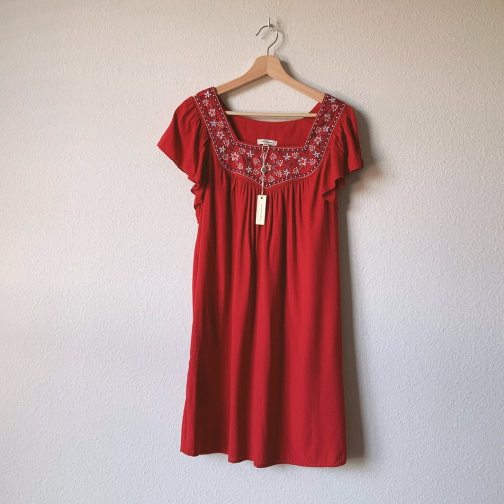 NWT Max Studios Floral Embroidered Square Neck Red Shift Dress Size Medium